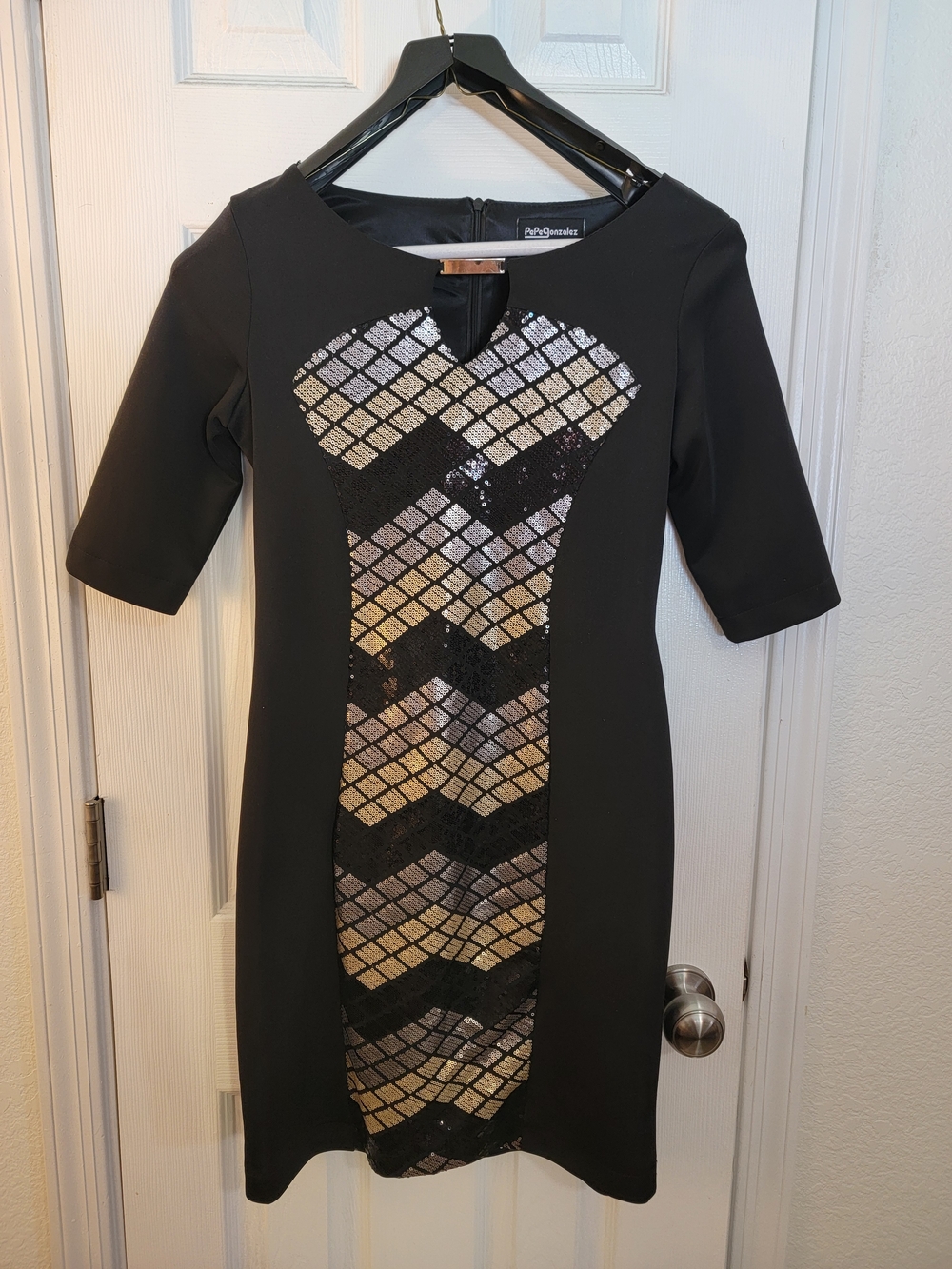 Pepe Gonzalez Black Sequin Chevron Panel Sheath Dress